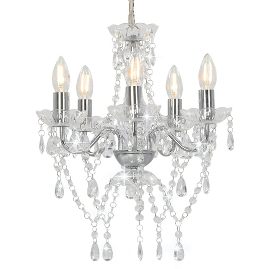 vidaXL Chandelier with Crystal Beads Silver Round 5 x E14