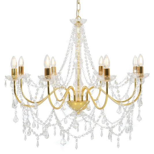 vidaXL Chandelier with Beads Golden 8 x E14 Bulbs
