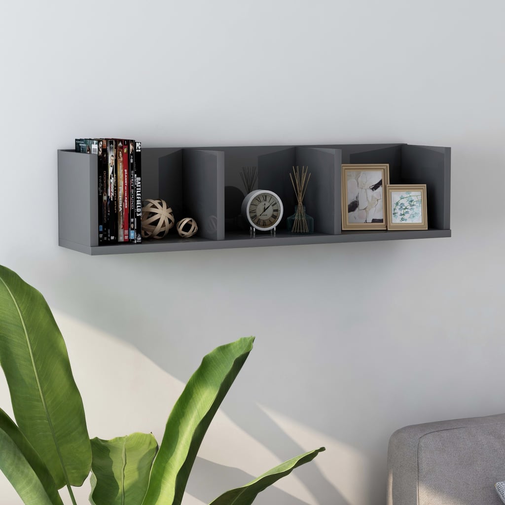 vidaXL CD Wall Shelf High Gloss Grey 75x18x18 cm Engineered Wood