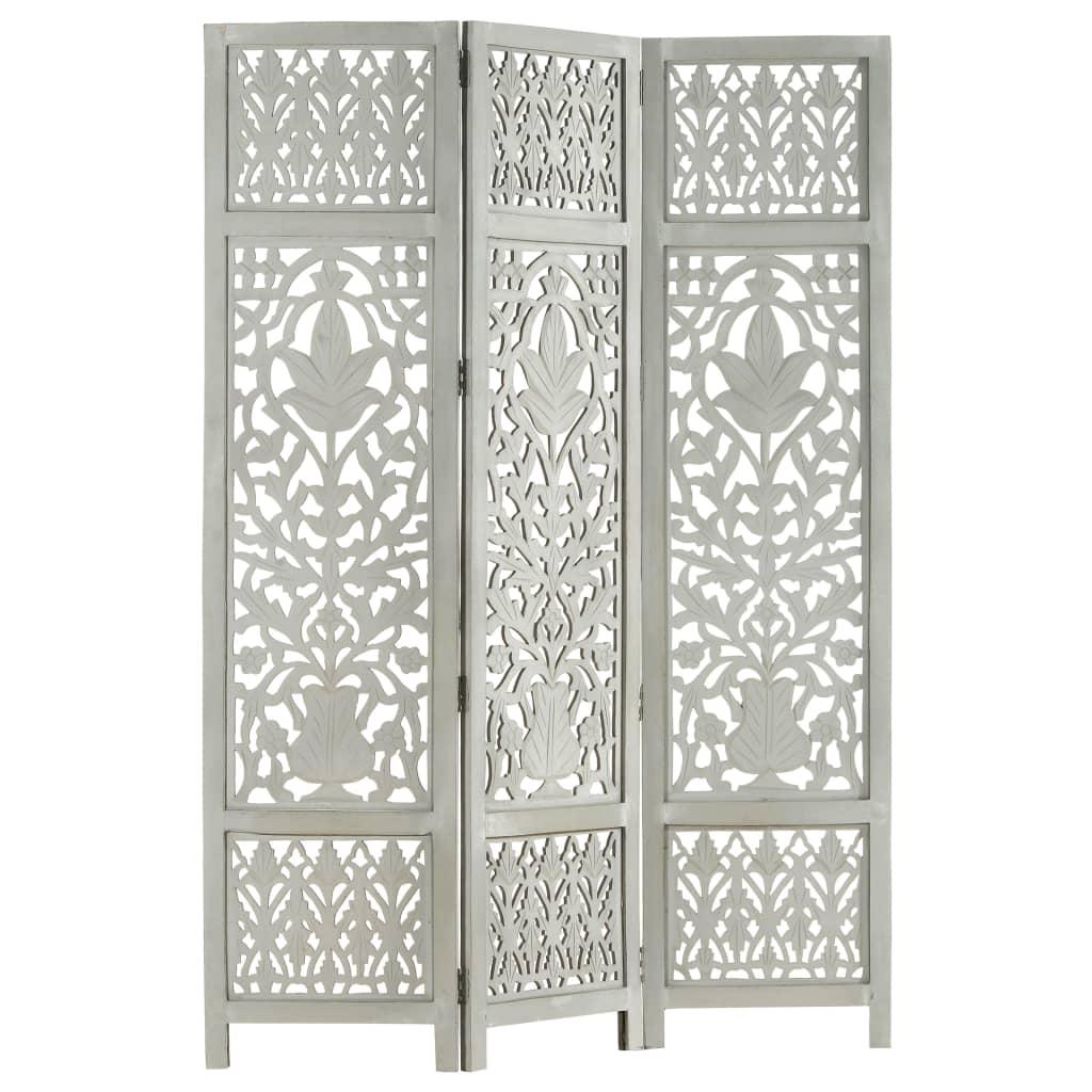 vidaXL Hand Carved 3-Panel Room Divider Grey 120x165 cm Solid Mango Wood