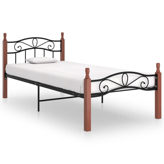 vidaXL Bed Frame Black Metal and Solid Oak Wood 90x200 cm
