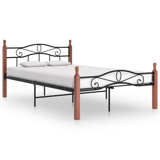 vidaXL Bed Frame Black Metal and Solid Oak Wood 120x200 cm