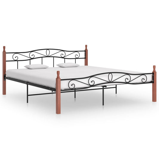 vidaXL Bed Frame Black Metal and Solid Oak Wood 180x200 cm 6FT Super King