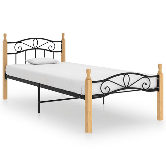 vidaXL Bed Frame Black Metal and Solid Oak Wood 100x200 cm
