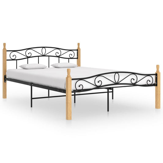 vidaXL Bed Frame Black Metal and Solid Oak Wood 140x200 cm