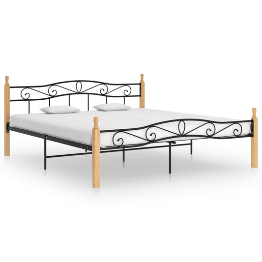 vidaXL Bed Frame Black Metal and Solid Oak Wood 180x200 cm 6FT Super King