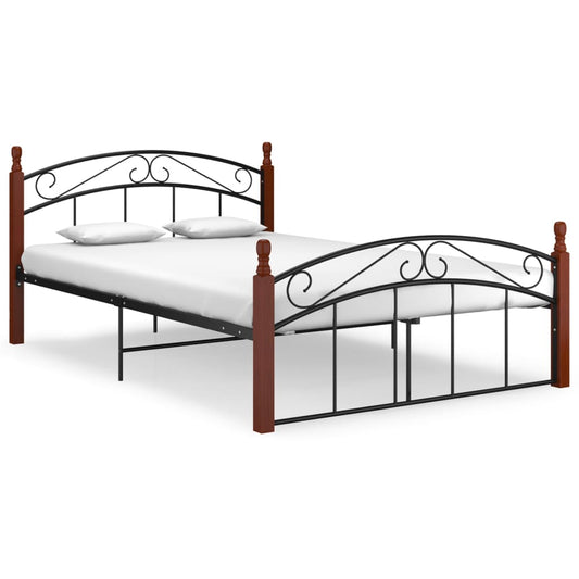 vidaXL Bed Frame Black Metal and Solid Oak Wood 140x200 cm