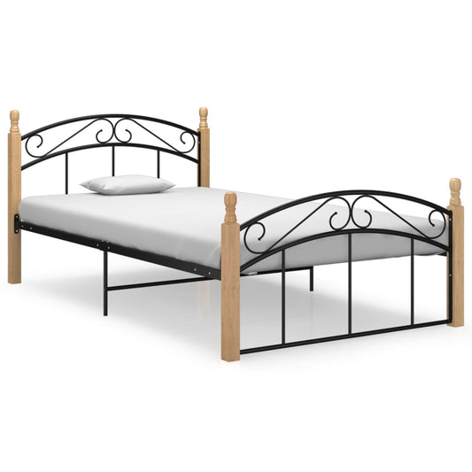 vidaXL Bed Frame Black Metal and Solid Oak Wood 120x200 cm