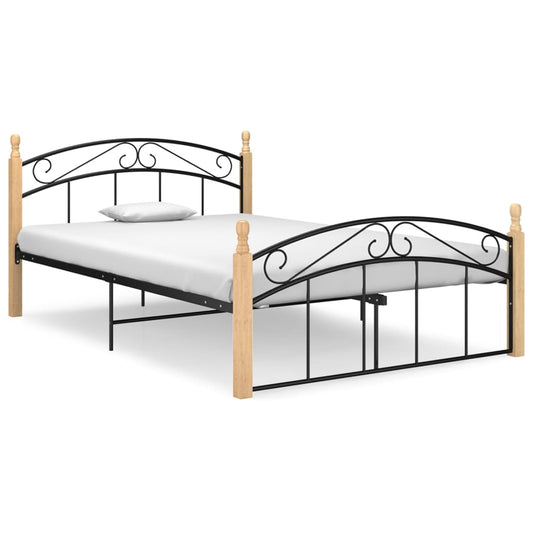 vidaXL Bed Frame Black Metal and Solid Oak Wood 140x200 cm