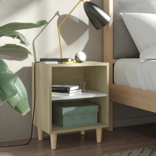 vidaXL Bed Cabinet with Solid Wood Legs Sonoma Oak & White 40x30x50cm