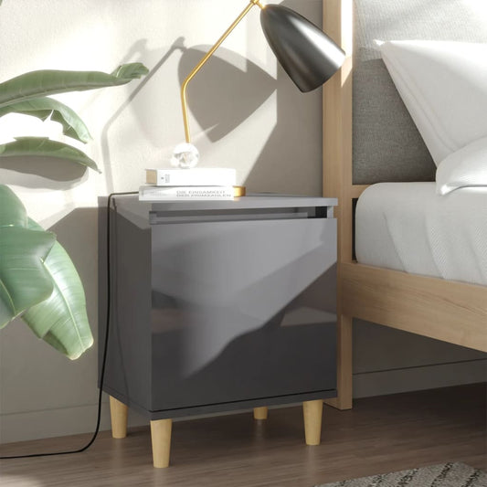 vidaXL Bed Cabinet with Solid Wood Legs High Gloss Grey 40x30x50 cm
