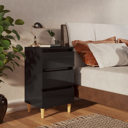 vidaXL Bed Cabinet with Solid Wood Legs High Gloss Black 40x35x69 cm