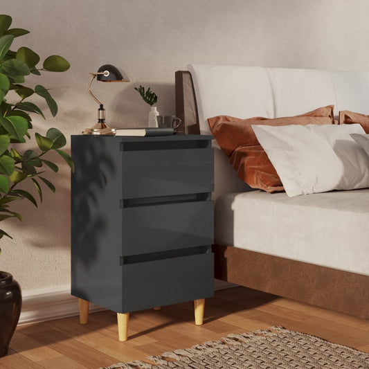 vidaXL Bed Cabinet with Solid Wood Legs High Gloss Grey 40x35x69 cm