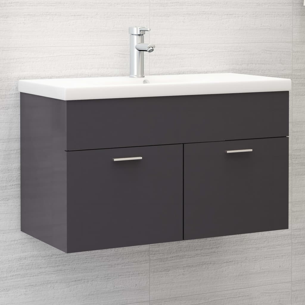 vidaXL Sink Cabinet with Built-in Basin High Gloss Grey Engineered Wood