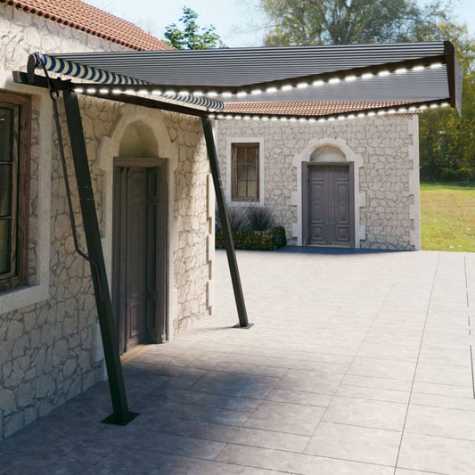 vidaXL Manual Retractable Awning with LED 4x3 m Blue and White