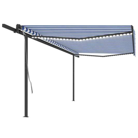 vidaXL Manual Retractable Awning with LED 5x3 m Blue and White