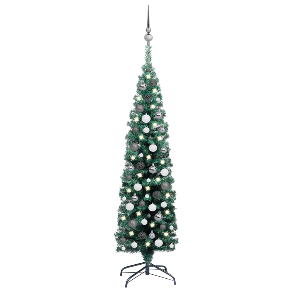 vidaXL Slim Artificial Pre-lit Christmas Tree with Ball Set Green 150 cm