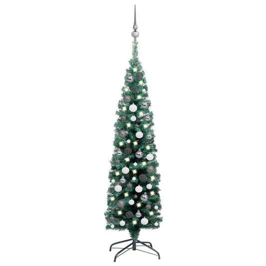 vidaXL Slim Artificial Pre-lit Christmas Tree with Ball Set Green 150 cm