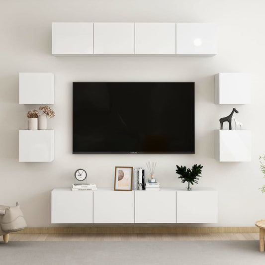 vidaXL 8 Piece TV Cabinet Set High Gloss White Engineered Wood