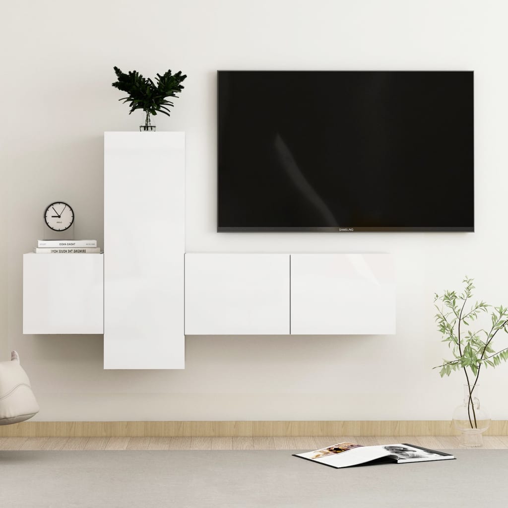 vidaXL 3 Piece TV Cabinet Set High Gloss White Engineered Wood