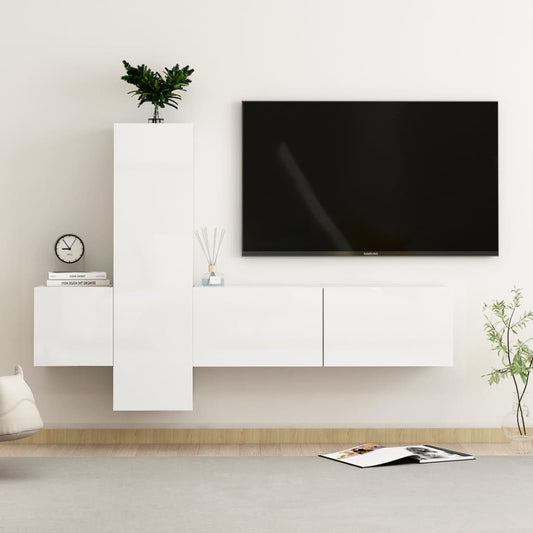 vidaXL 3 Piece TV Cabinet Set High Gloss White Engineered Wood