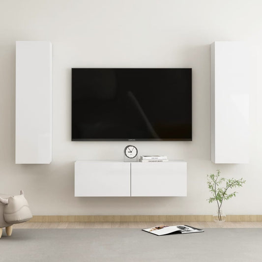 vidaXL 3 Piece TV Cabinet Set High Gloss White Engineered Wood