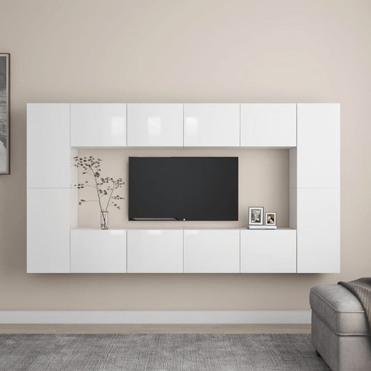 vidaXL 8 Piece TV Cabinet Set High Gloss White Engineered Wood