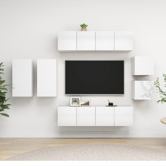 vidaXL 8 Piece TV Cabinet Set High Gloss White Engineered Wood
