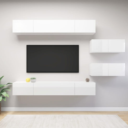 vidaXL 6 Piece TV Cabinet Set High Gloss White Engineered Wood