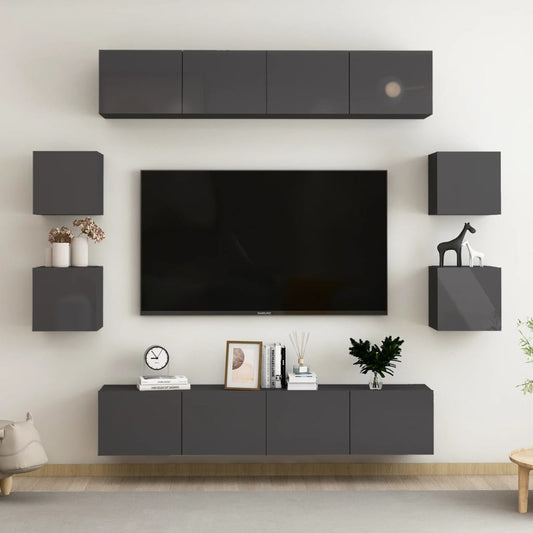 vidaXL 8 Piece TV Cabinet Set High Gloss Grey Engineered Wood