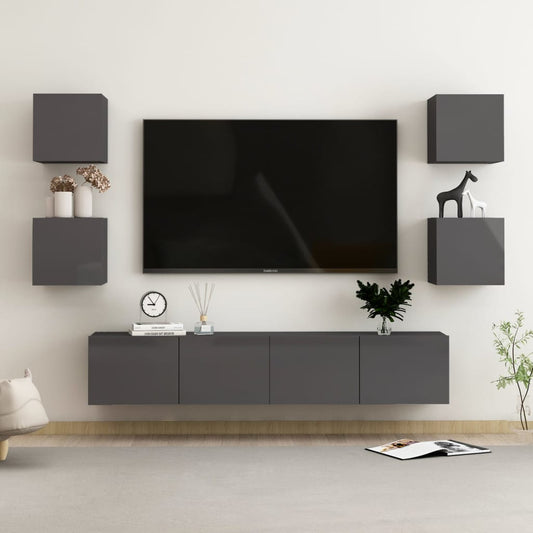 vidaXL 6 Piece TV Cabinet Set High Gloss Grey Engineered Wood