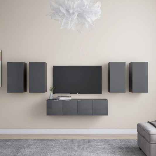 vidaXL 6 Piece TV Cabinet Set High Gloss Grey Engineered Wood