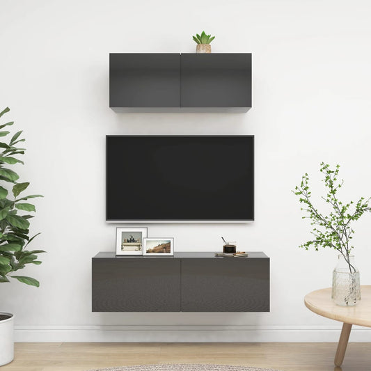 vidaXL 2 Piece TV Cabinet Set High Gloss Grey Engineered Wood