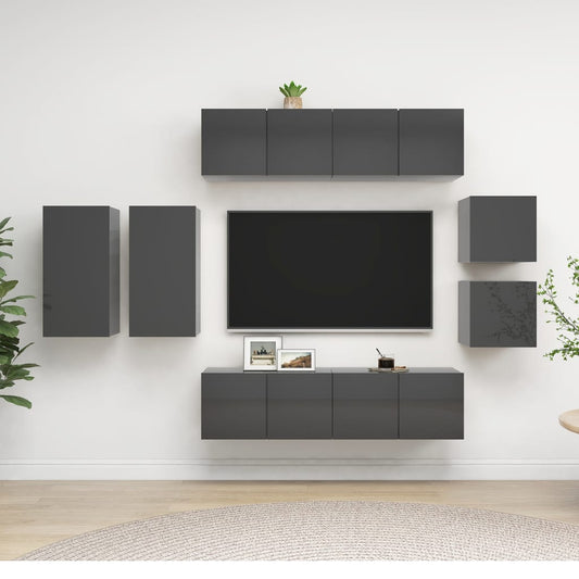 vidaXL 8 Piece TV Cabinet Set High Gloss Grey Engineered Wood
