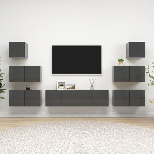 vidaXL 8 Piece TV Cabinet Set High Gloss Grey Engineered Wood
