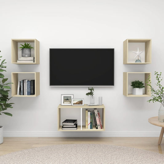 vidaXL 5 Piece TV Cabinet Set White and Sonoma Oak Engineered Wood