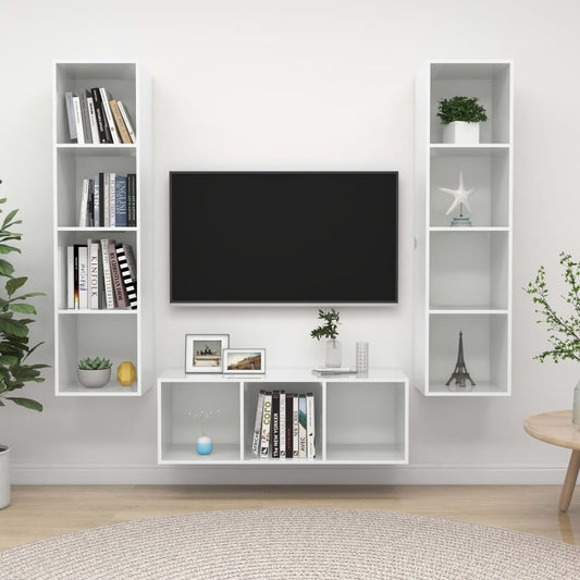 vidaXL 3 Piece TV Cabinet Set High Gloss White Engineered Wood