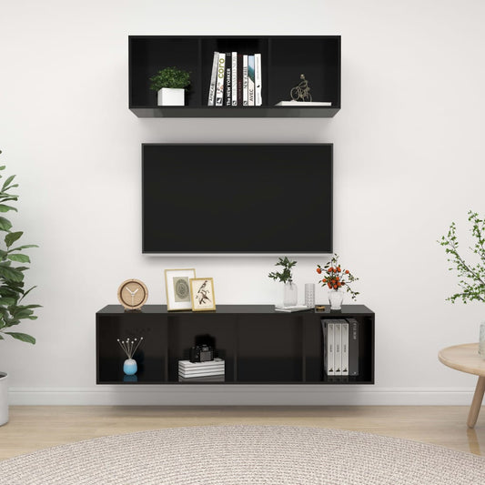 vidaXL 2 Piece TV Cabinet Set High Gloss Black Engineered Wood