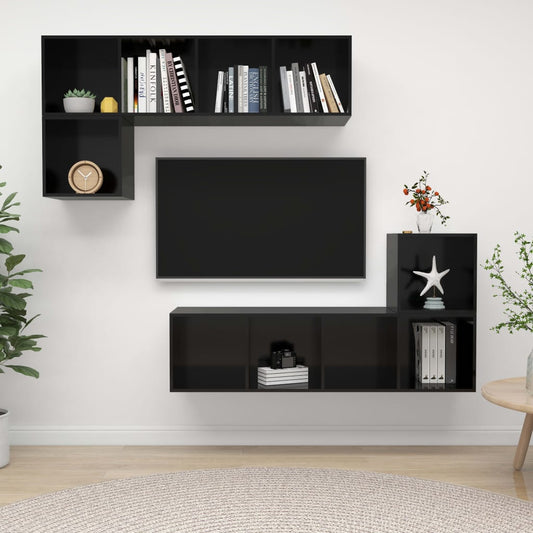 vidaXL 4 Piece TV Cabinet Set High Gloss Black Engineered Wood