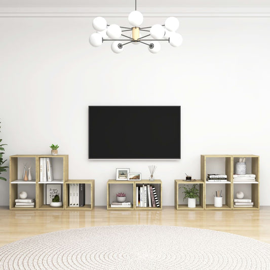 vidaXL 8 Piece TV Cabinet Set White and Sonoma Oak Engineered Wood