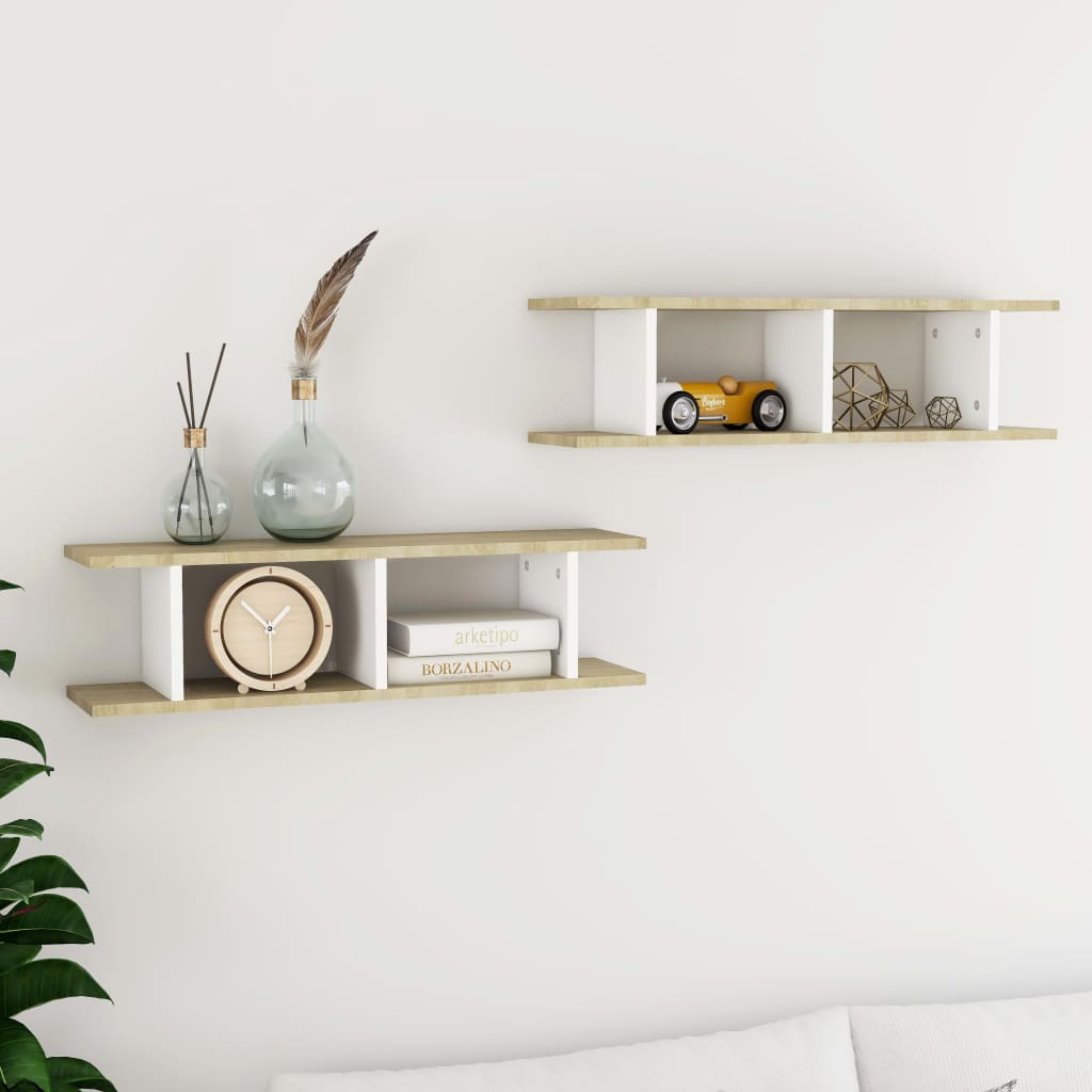 vidaXL Wall Shelves 2 pcs White and Sonoma Oak 75x18x20 cm Engineered Wood