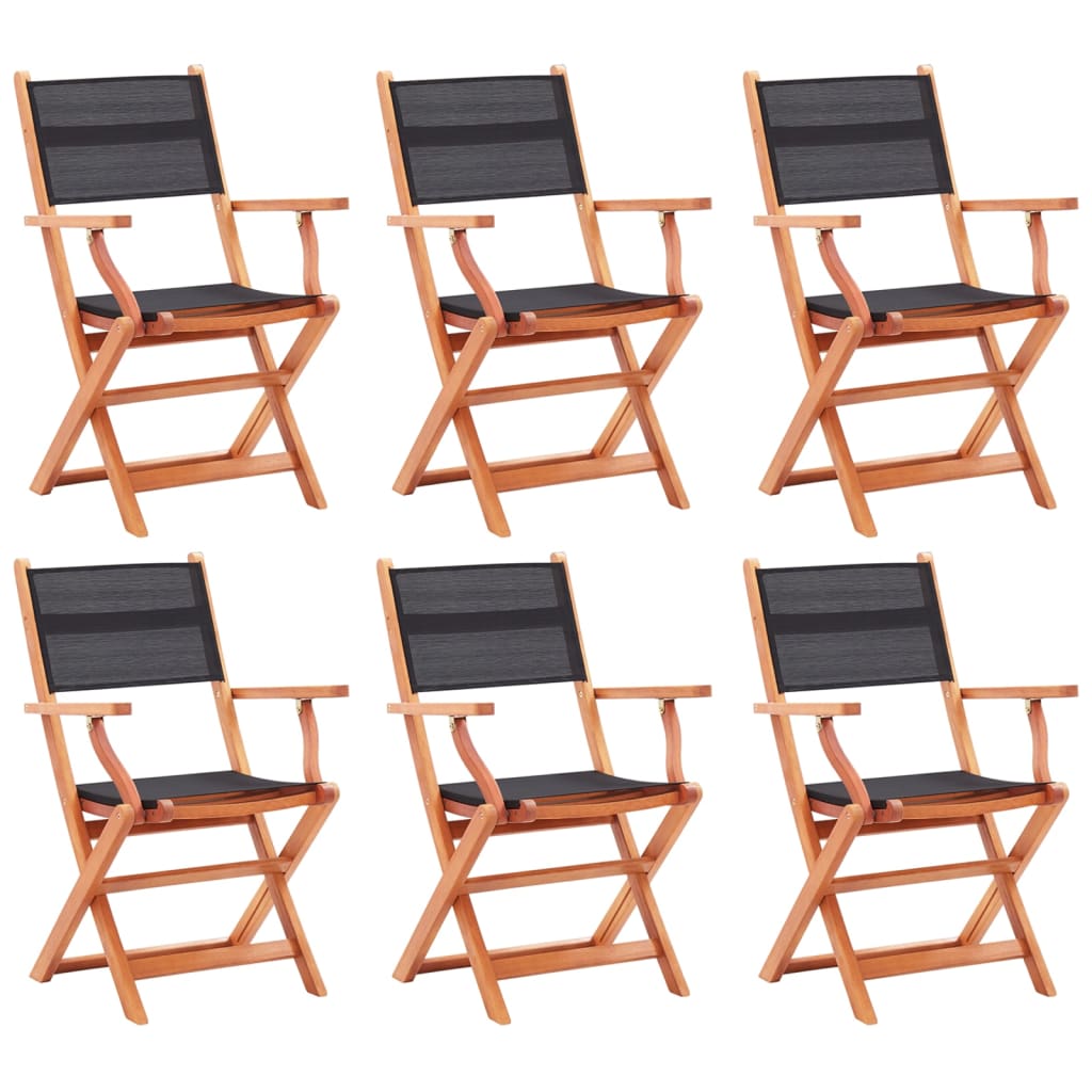vidaXL Folding Garden Chairs 6 pcs Black Solid Eucalyptus Wood&Textilene