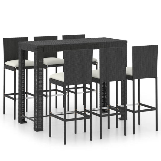 vidaXL 7 Piece Garden Bar Set with Cushions Poly Rattan Black