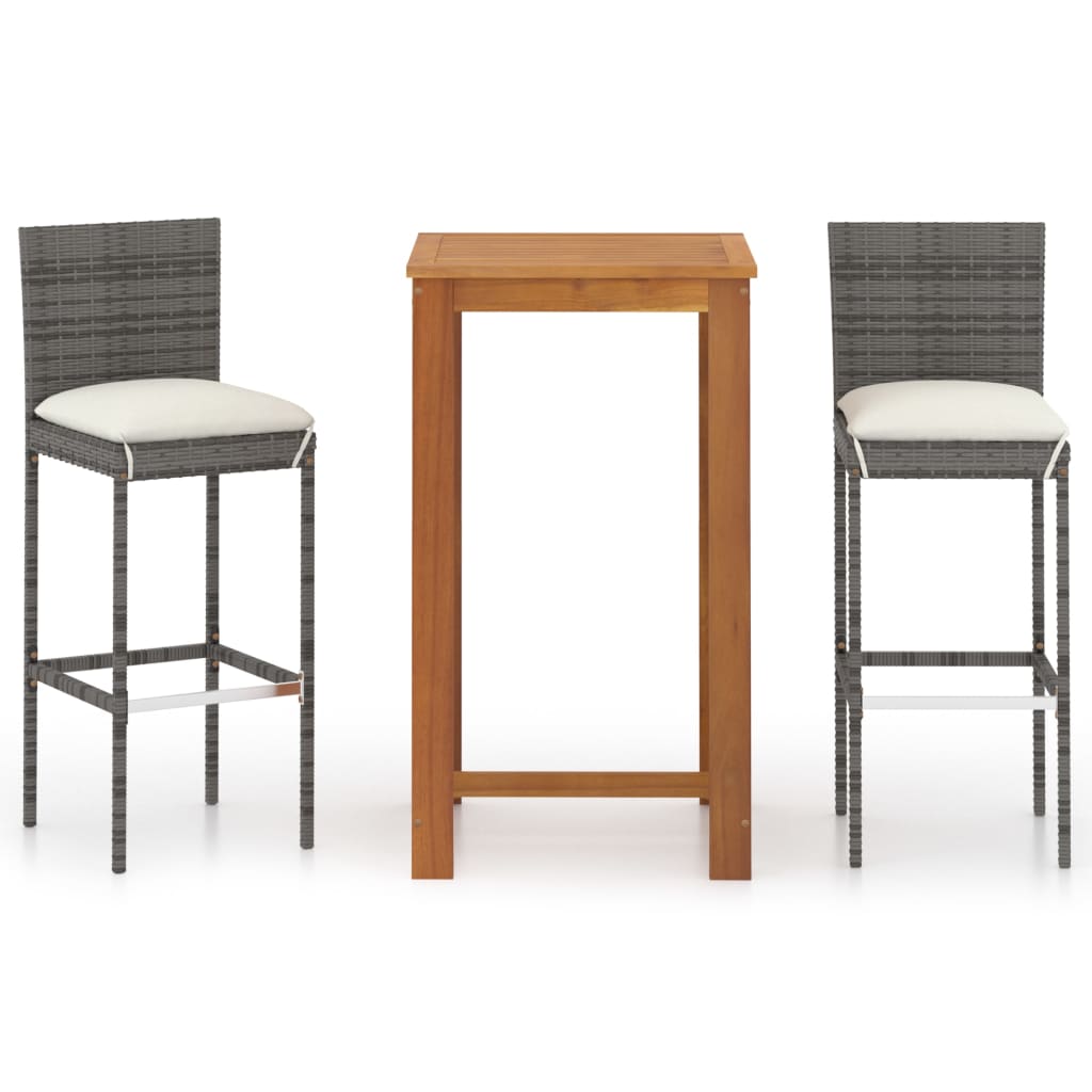 vidaXL 3 Piece Garden Bar Set with Cushions Poly Rattan Grey