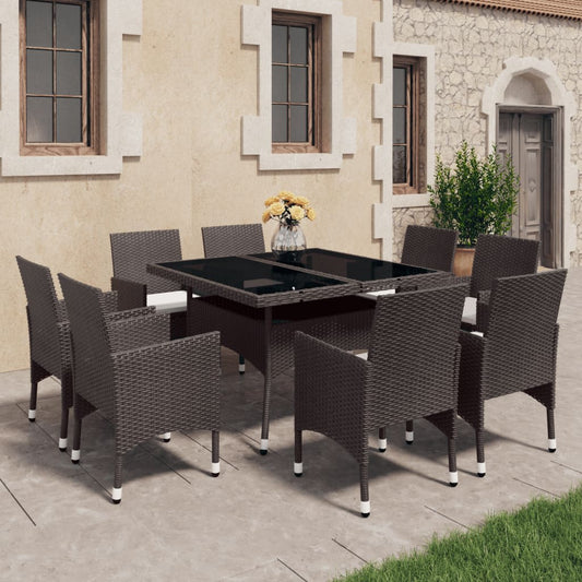 vidaXL 9 Piece Garden Dining Set Poly Rattan and Tempered Glass Brown
