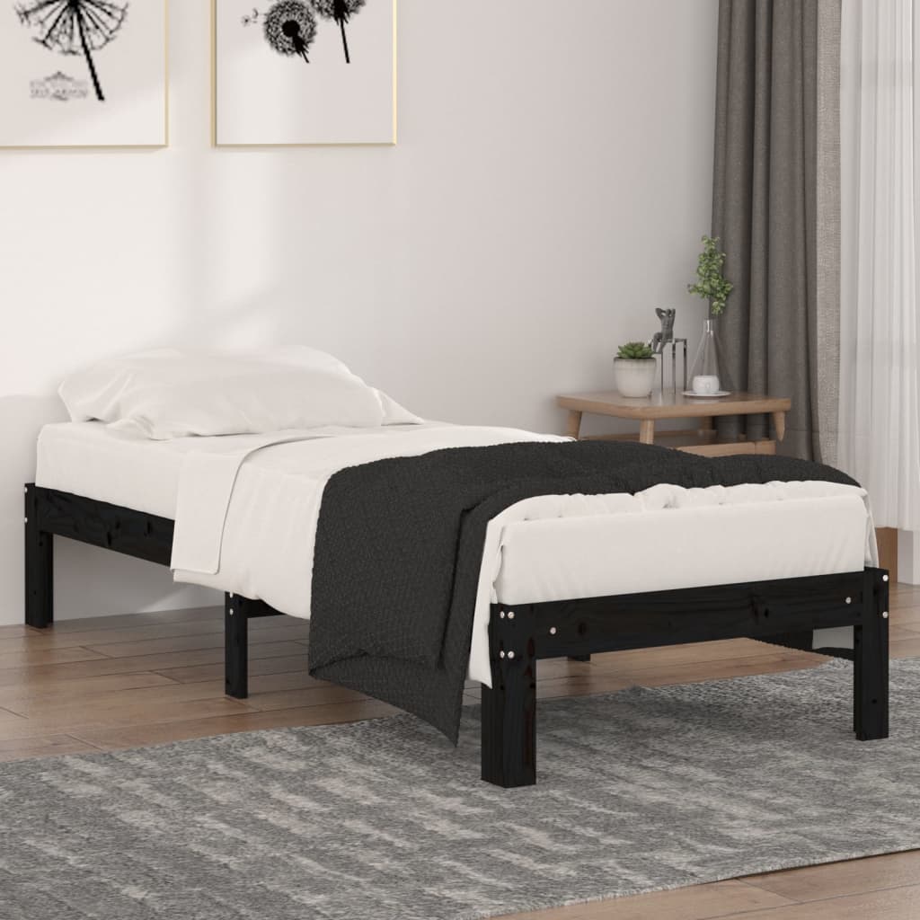 vidaXL Bed Frame Black Solid Wood 75x190 cm Small Single