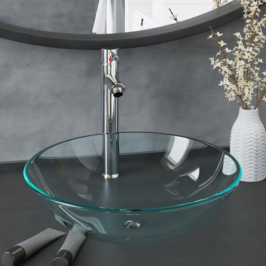vidaXL Bathroom Sink with Tap and Push Drain Clear Tempered Glass