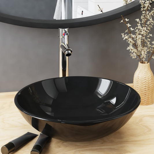 vidaXL Bathroom Sink with Tap and Push Drain Black Tempered Glass