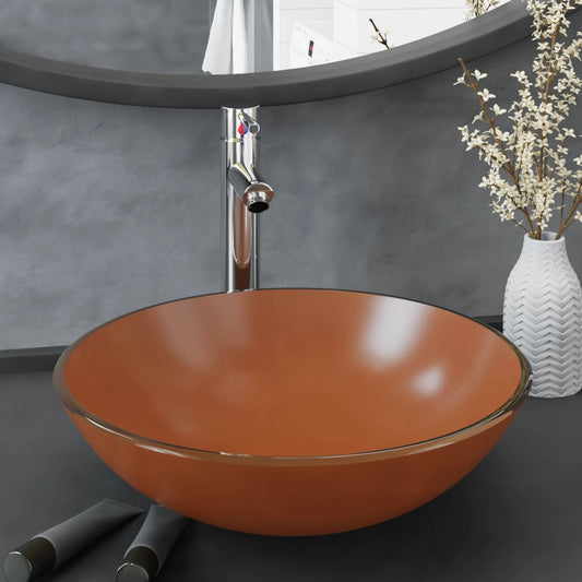 vidaXL Bathroom Sink with Tap and Push Drain Brown Tempered Glass