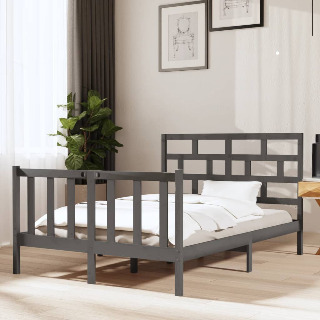 vidaXL Bed Frame Grey Solid Wood Pine 135x190 cm Double